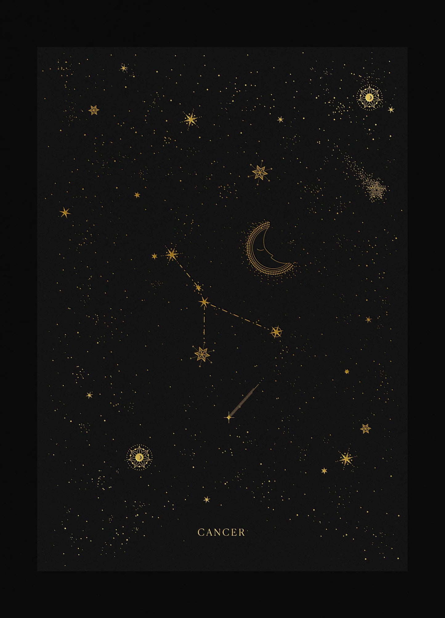 Cancer zodiac constellation art print with gold foil details on black background by Cocorrina
