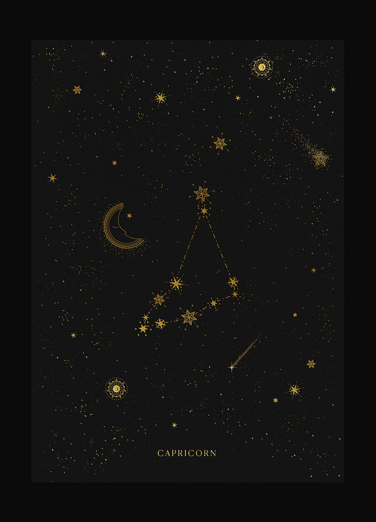 Capricorn zodiac constellation art print with gold foil details on black background by Cocorrina