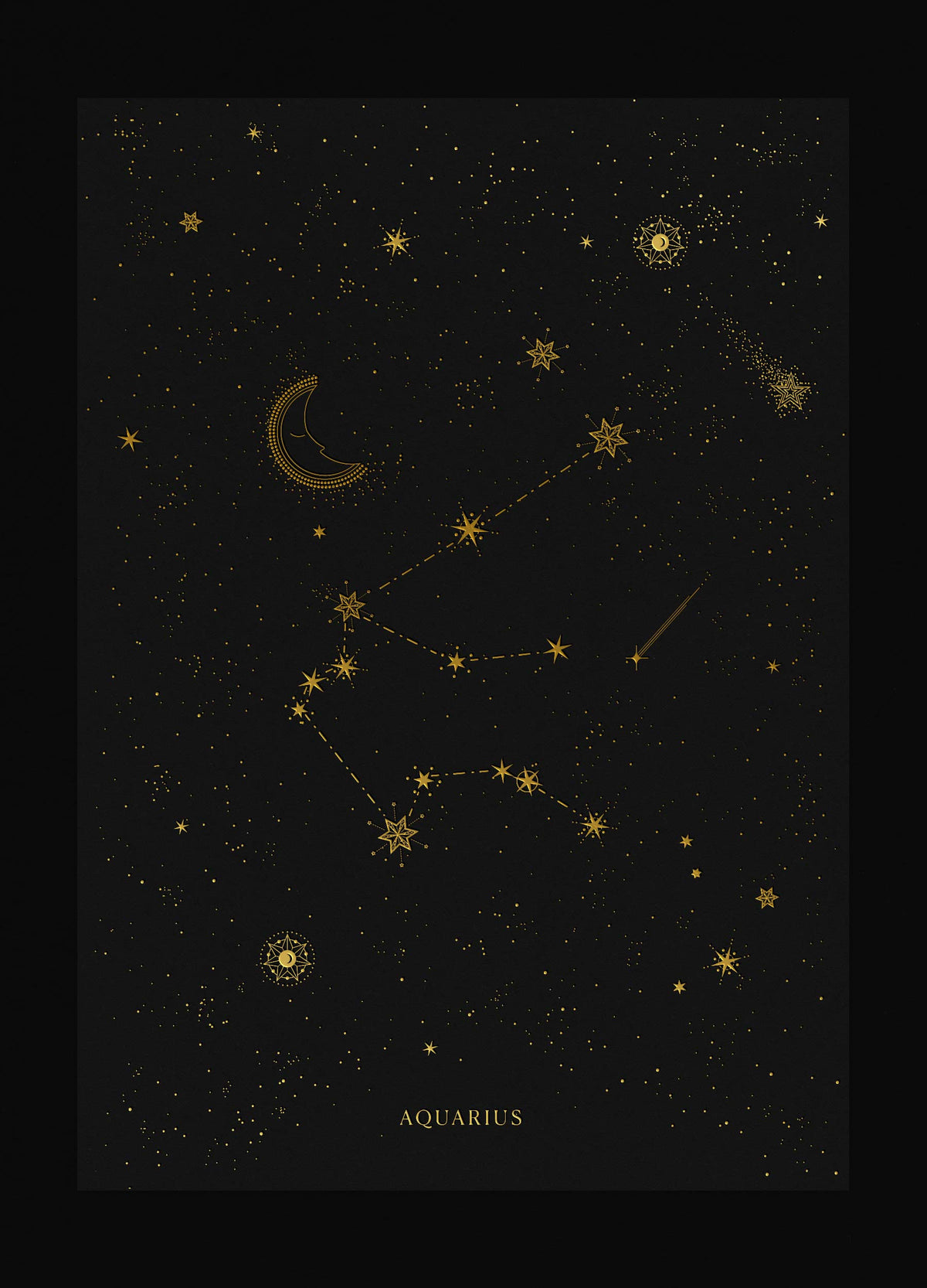 Aquarius zodiac constellation art print with gold foil details on black background by Cocorrina