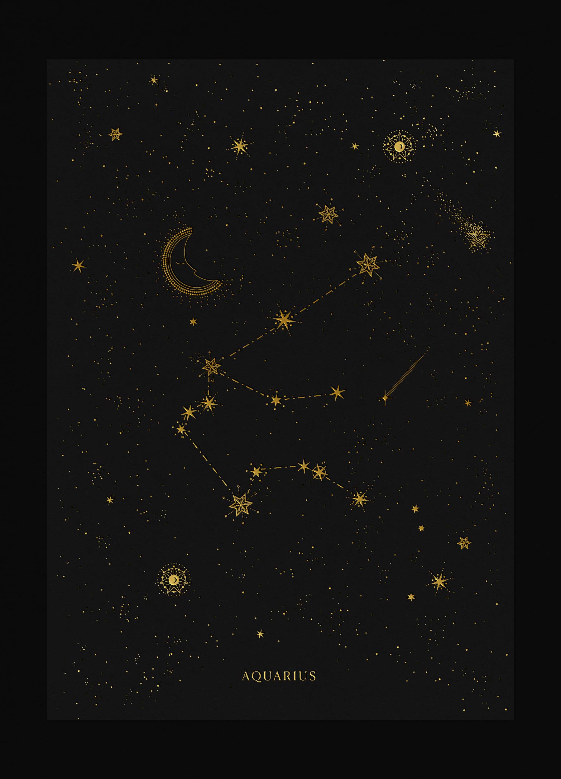 Aquarius zodiac constellation art print with gold foil details on black background by Cocorrina