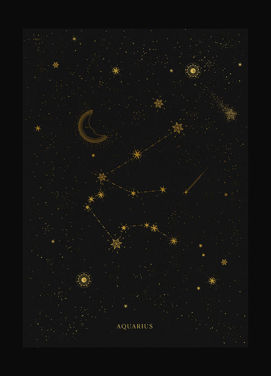 Aquarius zodiac constellation art print with gold foil details on black background by Cocorrina