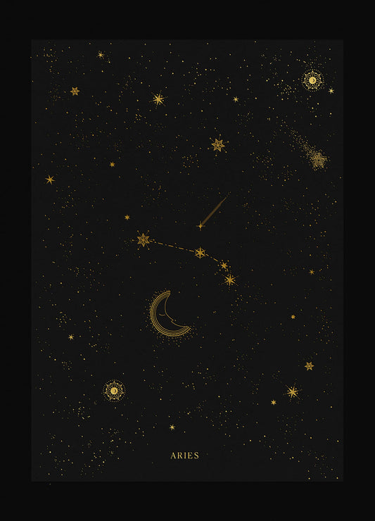 Aries zodiac constellation art print with gold foil details on black background by Cocorrina