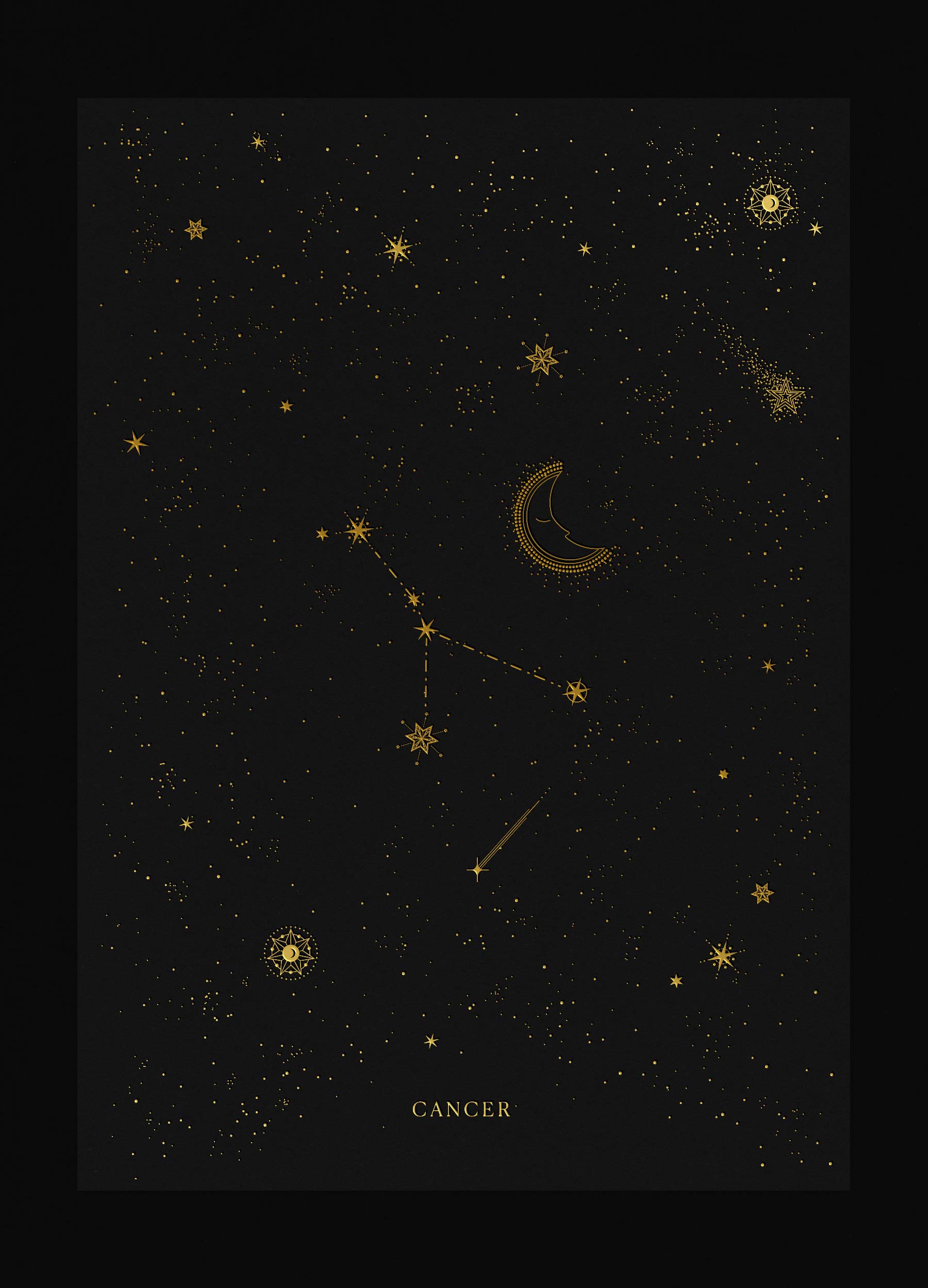 Cancer zodiac constellation art print with gold foil details on black background by Cocorrina