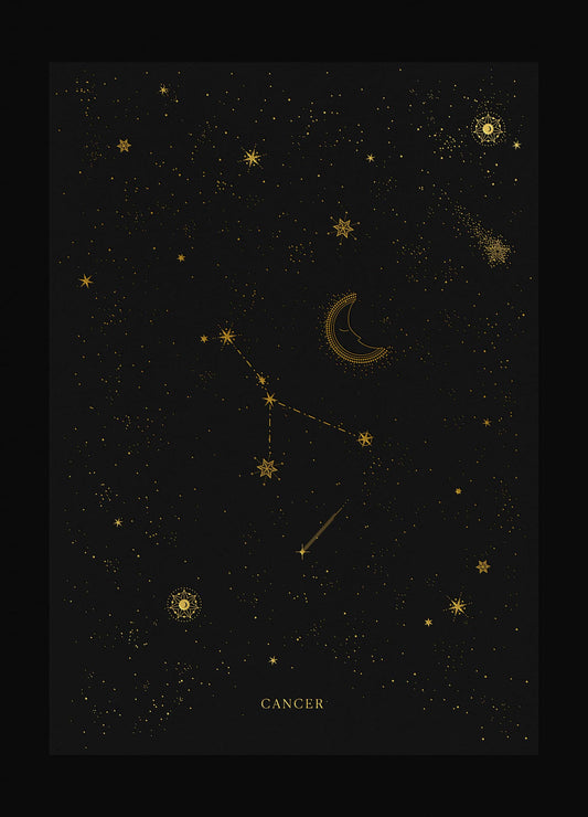 Cancer zodiac constellation art print with gold foil details on black background by Cocorrina