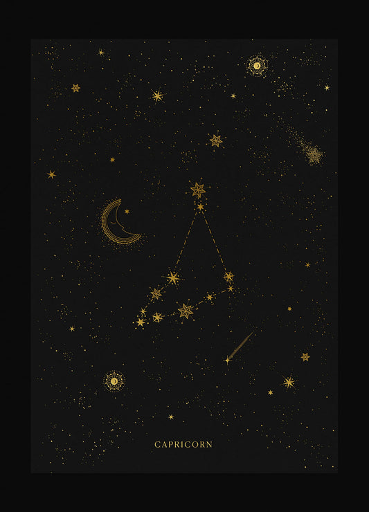 Capricorn zodiac constellation art print with gold foil details on black background by Cocorrina