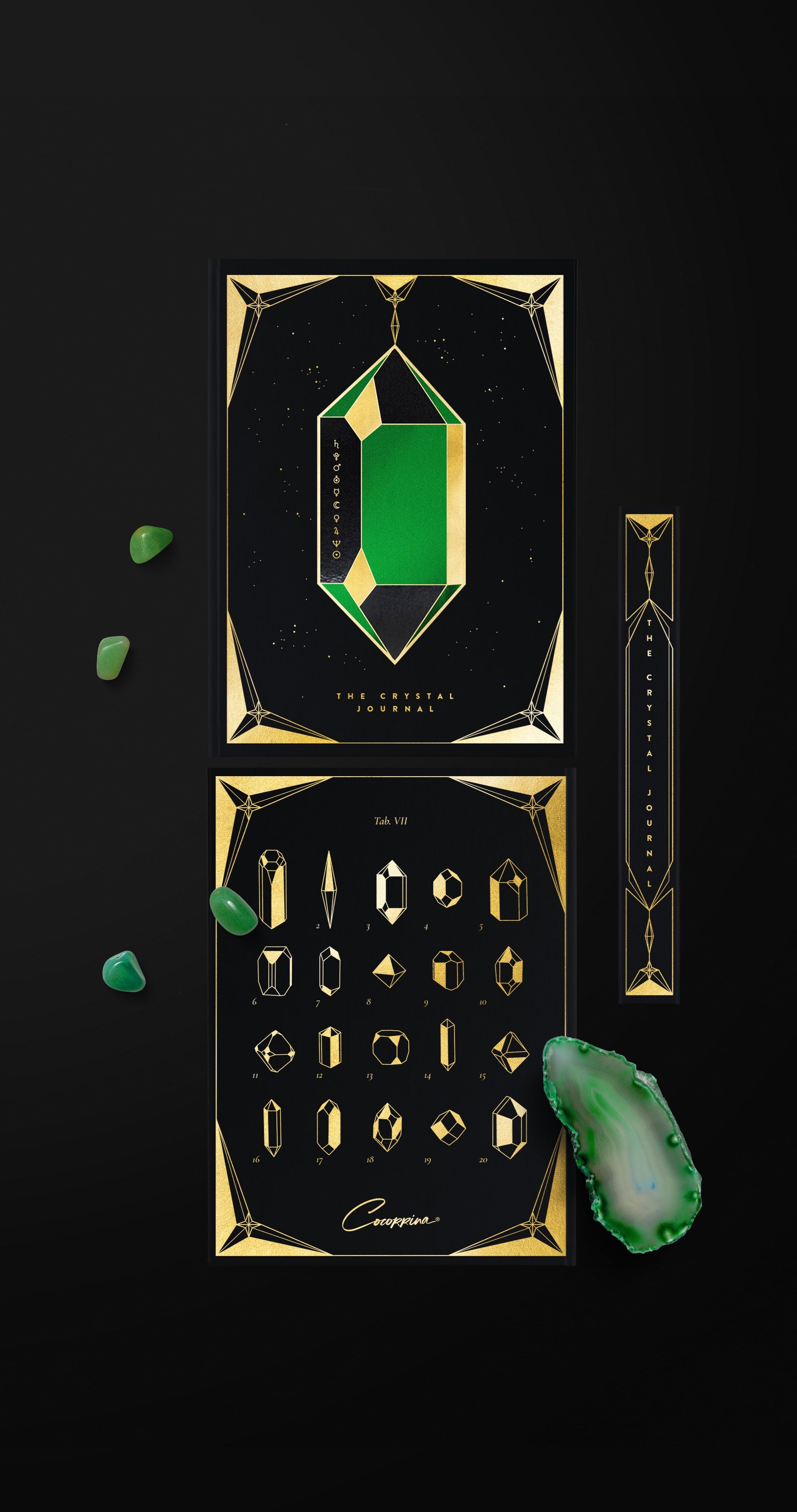The Crystal Journal floating with emerald crystals