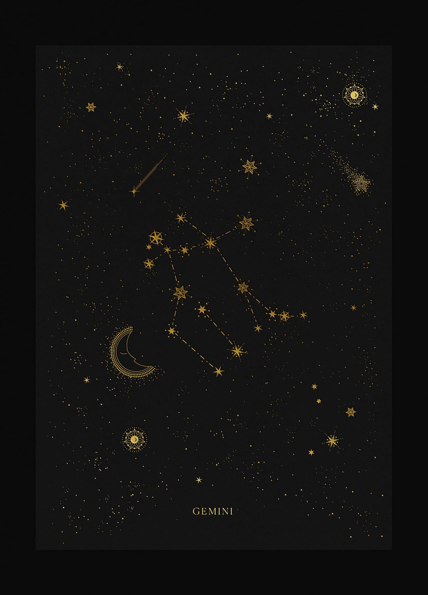 Gemini zodiac constellation art print with gold foil details on black background by Cocorrina