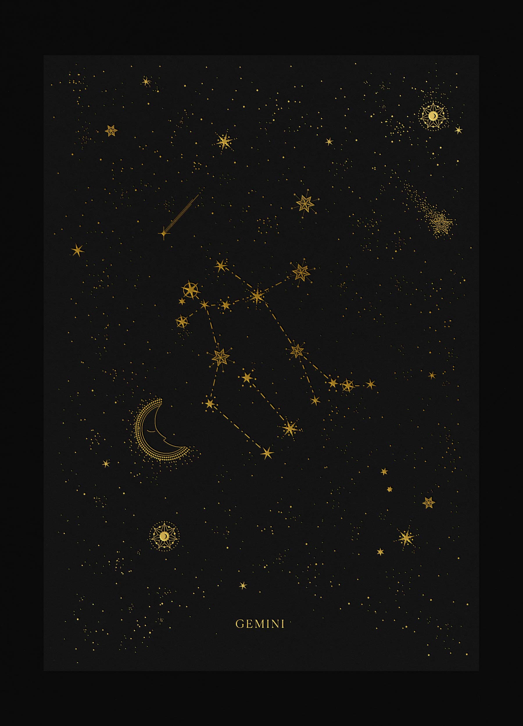Gemini zodiac constellation art print with gold foil details on black background by Cocorrina