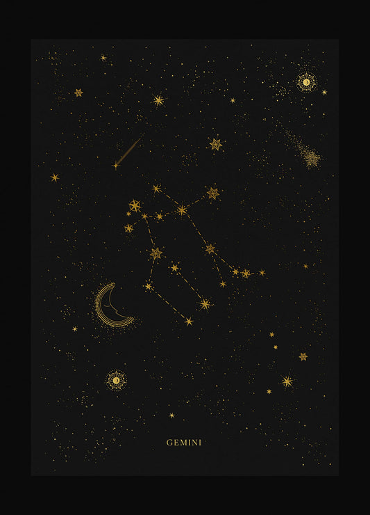 Gemini zodiac constellation art print with gold foil details on black background by Cocorrina