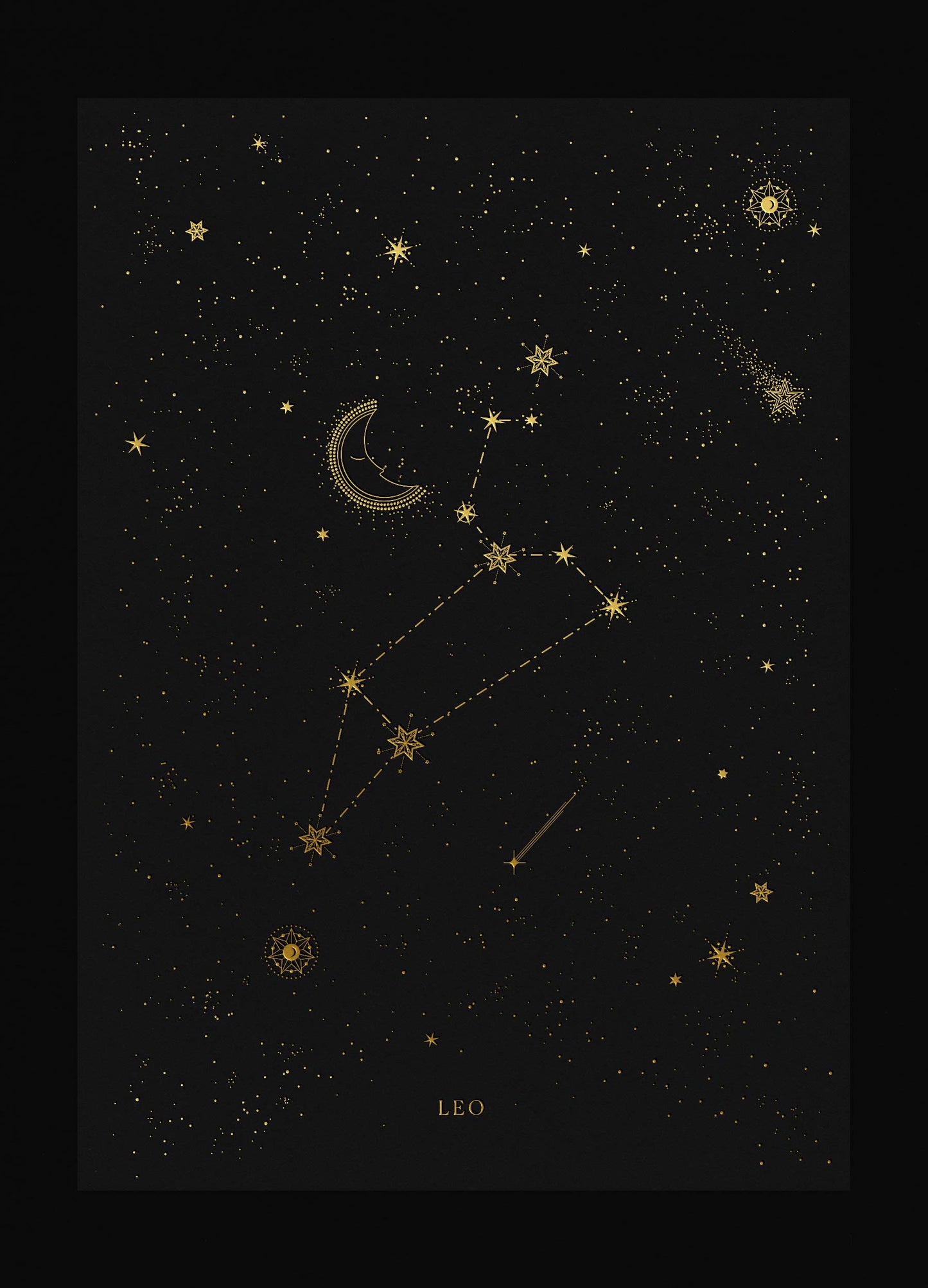 Leo zodiac constellation art print with gold foil details on black background by Cocorrina