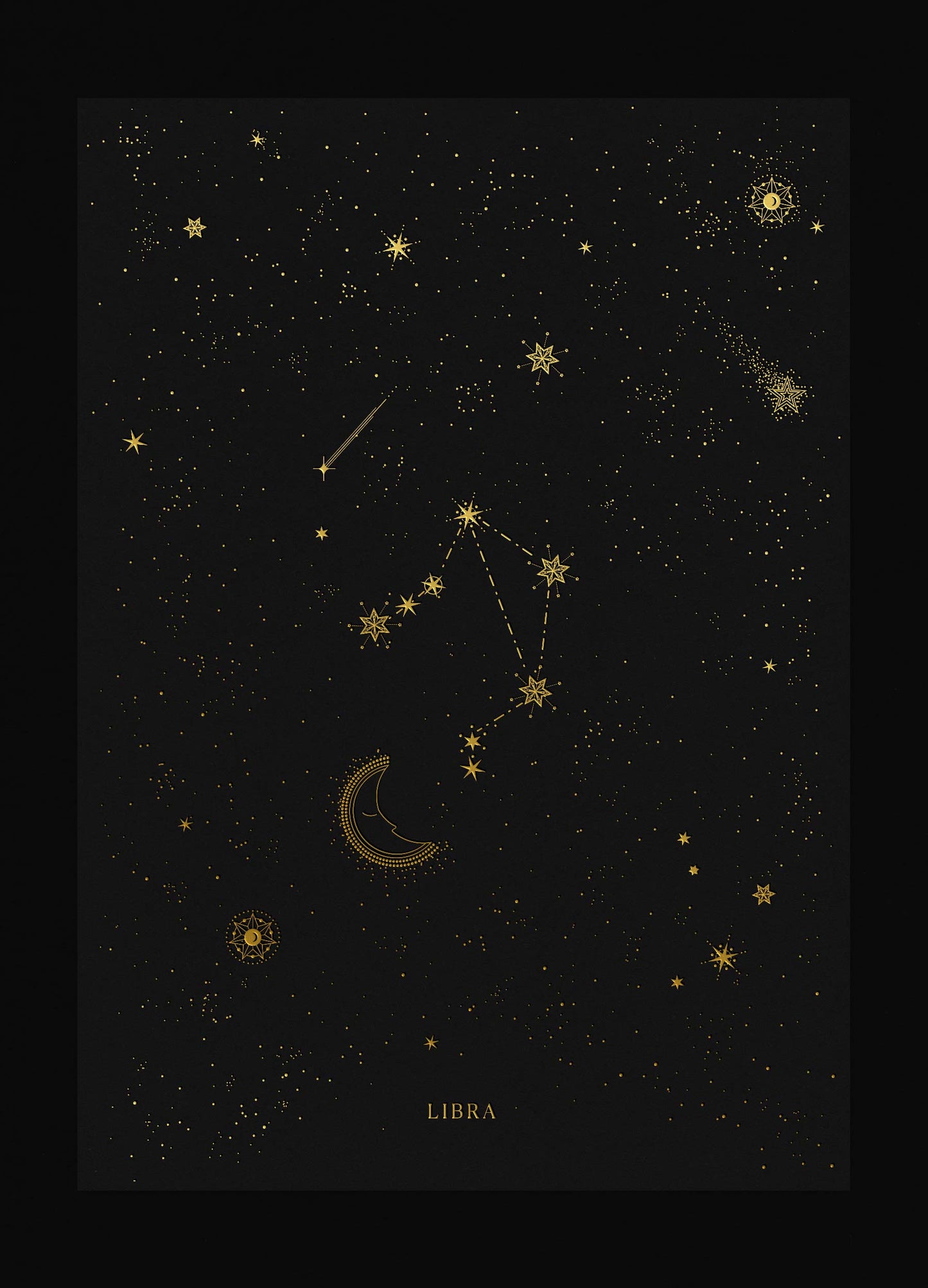 Libra zodiac constellation art print with gold foil details on black background by Cocorrina