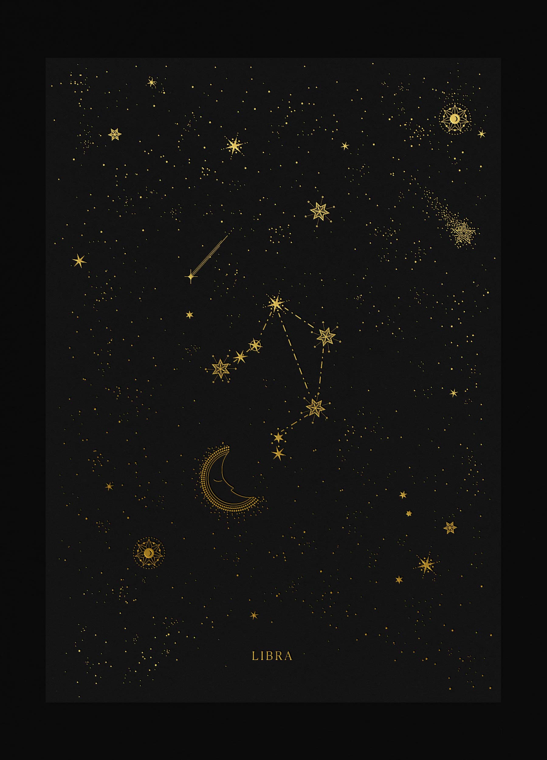 Libra zodiac constellation art print with gold foil details on black background by Cocorrina