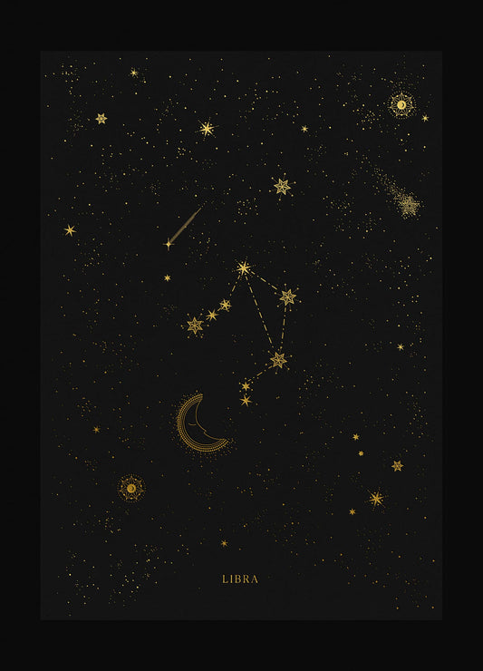 Libra zodiac constellation art print with gold foil details on black background by Cocorrina