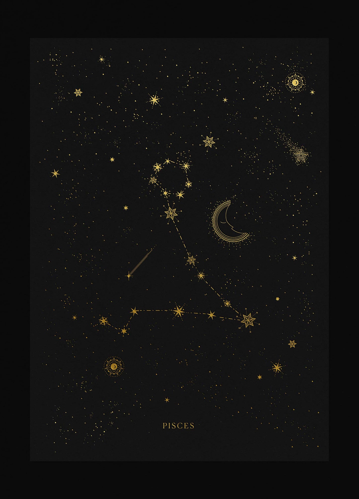 Pisces zodiac constellation art print with gold foil details on black background by Cocorrina