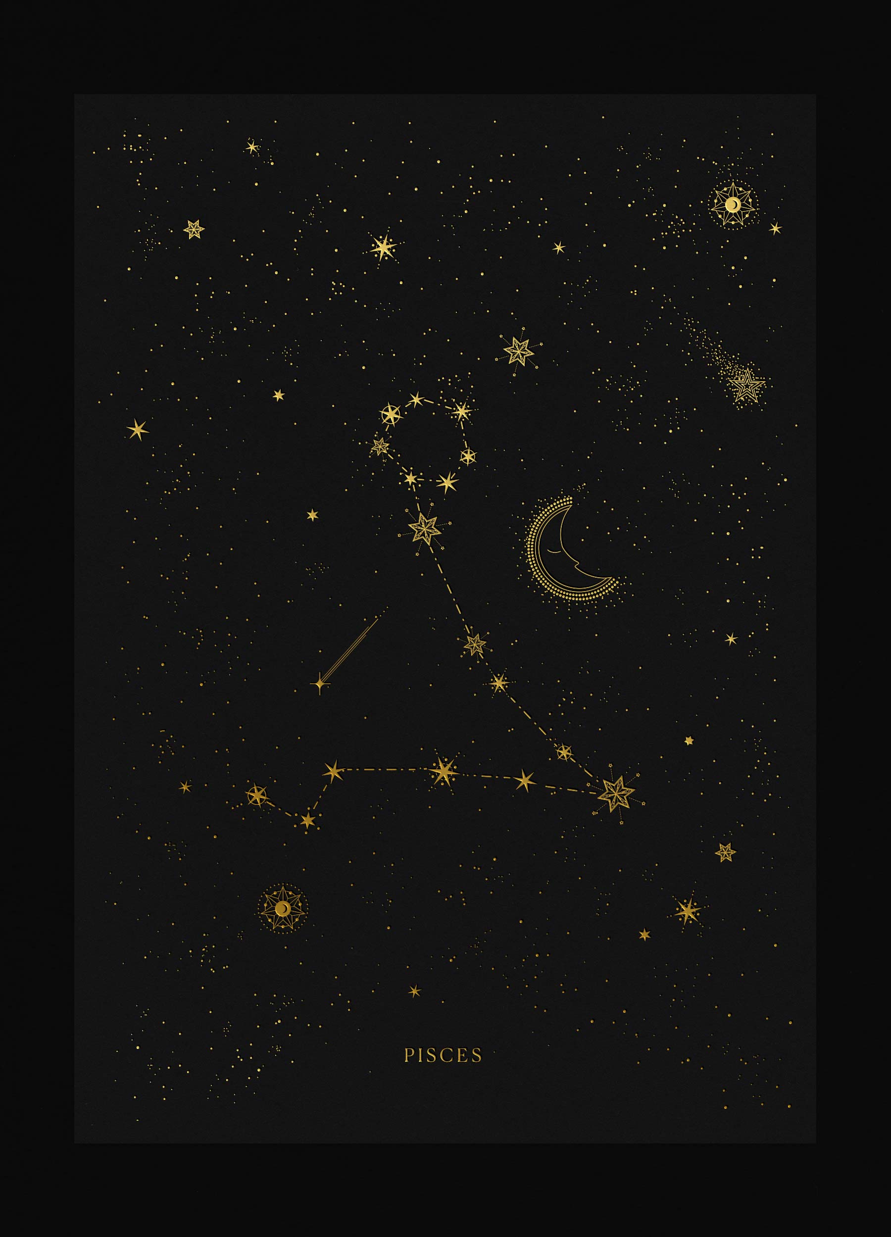 Pisces zodiac constellation art print with gold foil details on black background by Cocorrina