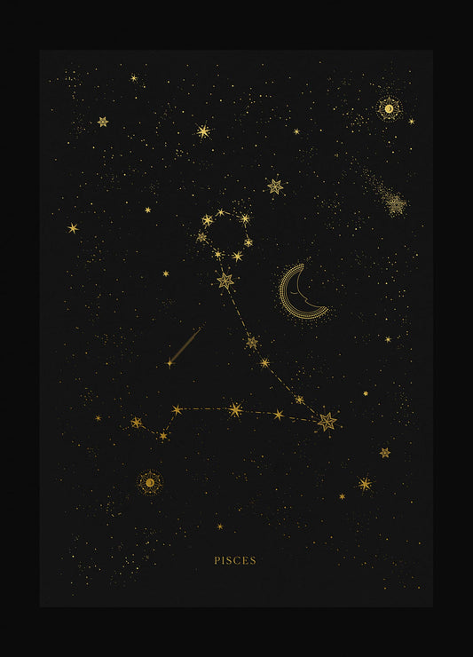 Pisces zodiac constellation art print with gold foil details on black background by Cocorrina