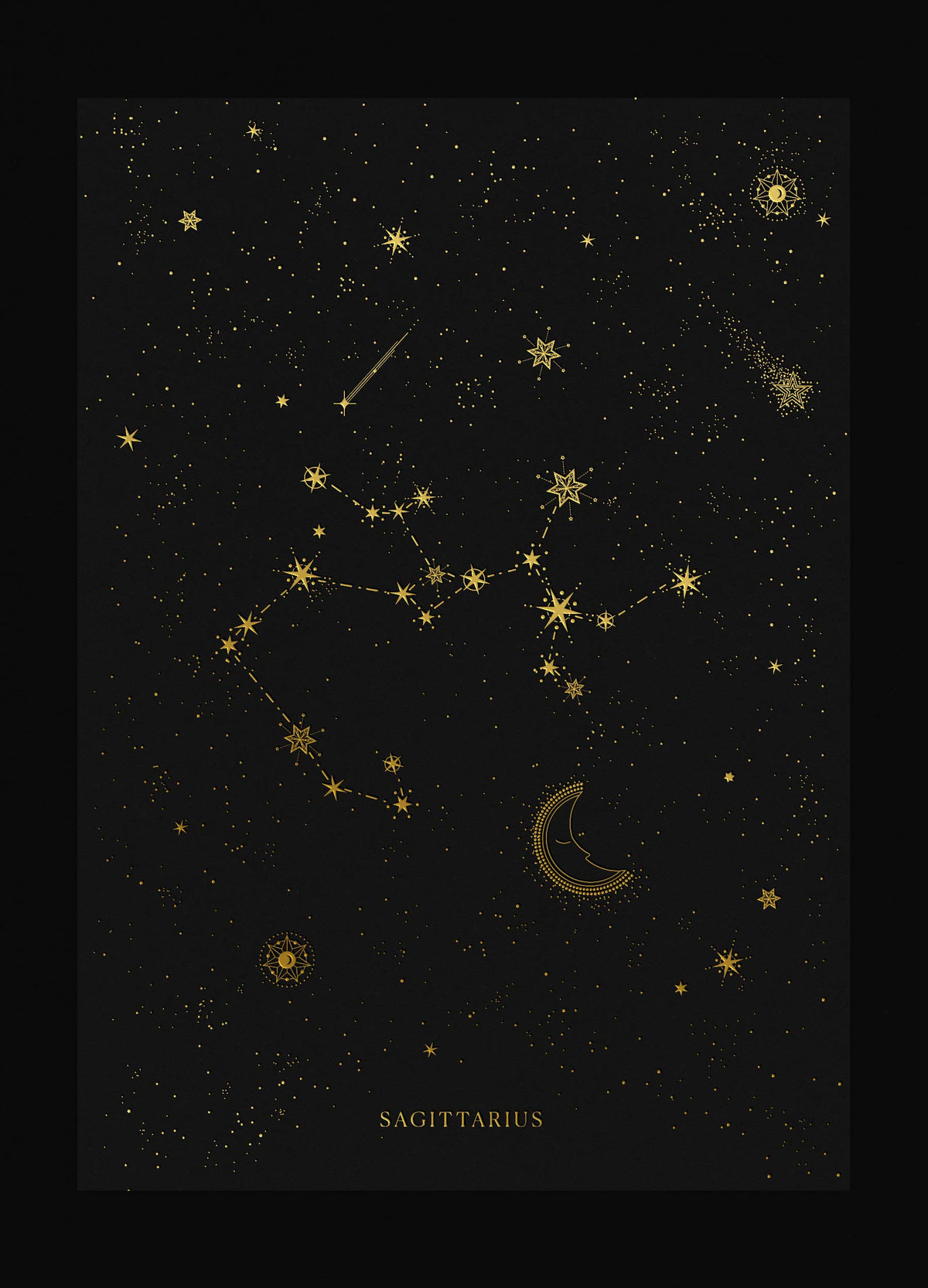 Sagittarius zodiac constellation art print with gold foil details on black background by Cocorrina