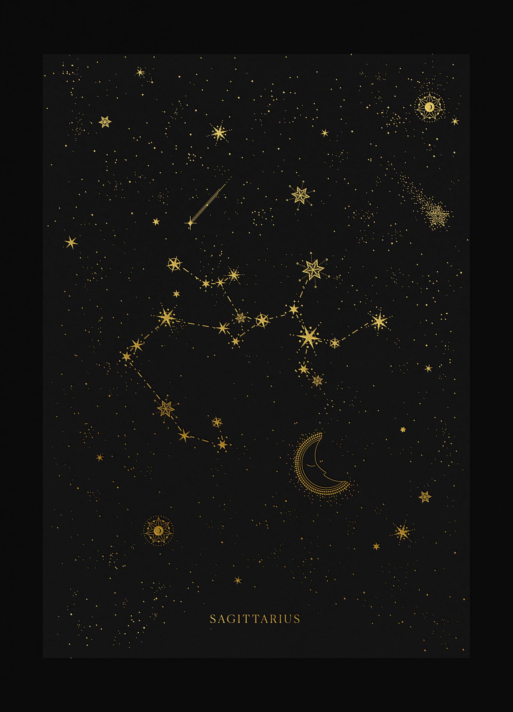 Sagittarius zodiac constellation art print with gold foil details on black background by Cocorrina