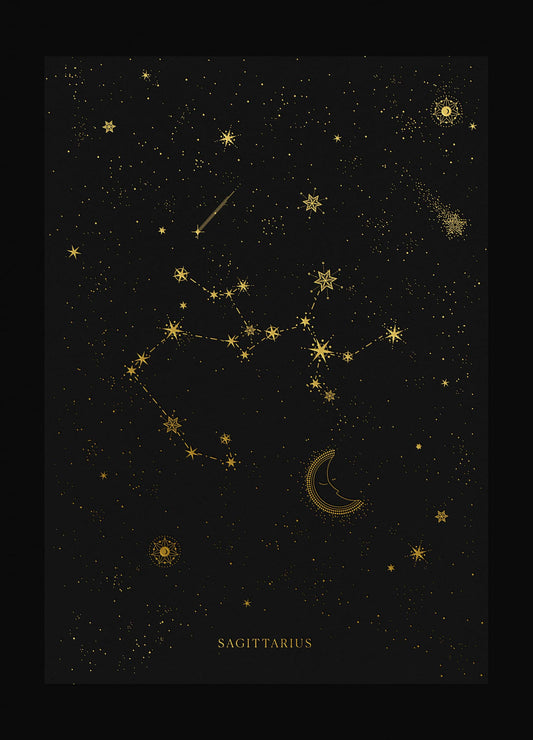 Sagittarius zodiac constellation art print with gold foil details on black background by Cocorrina