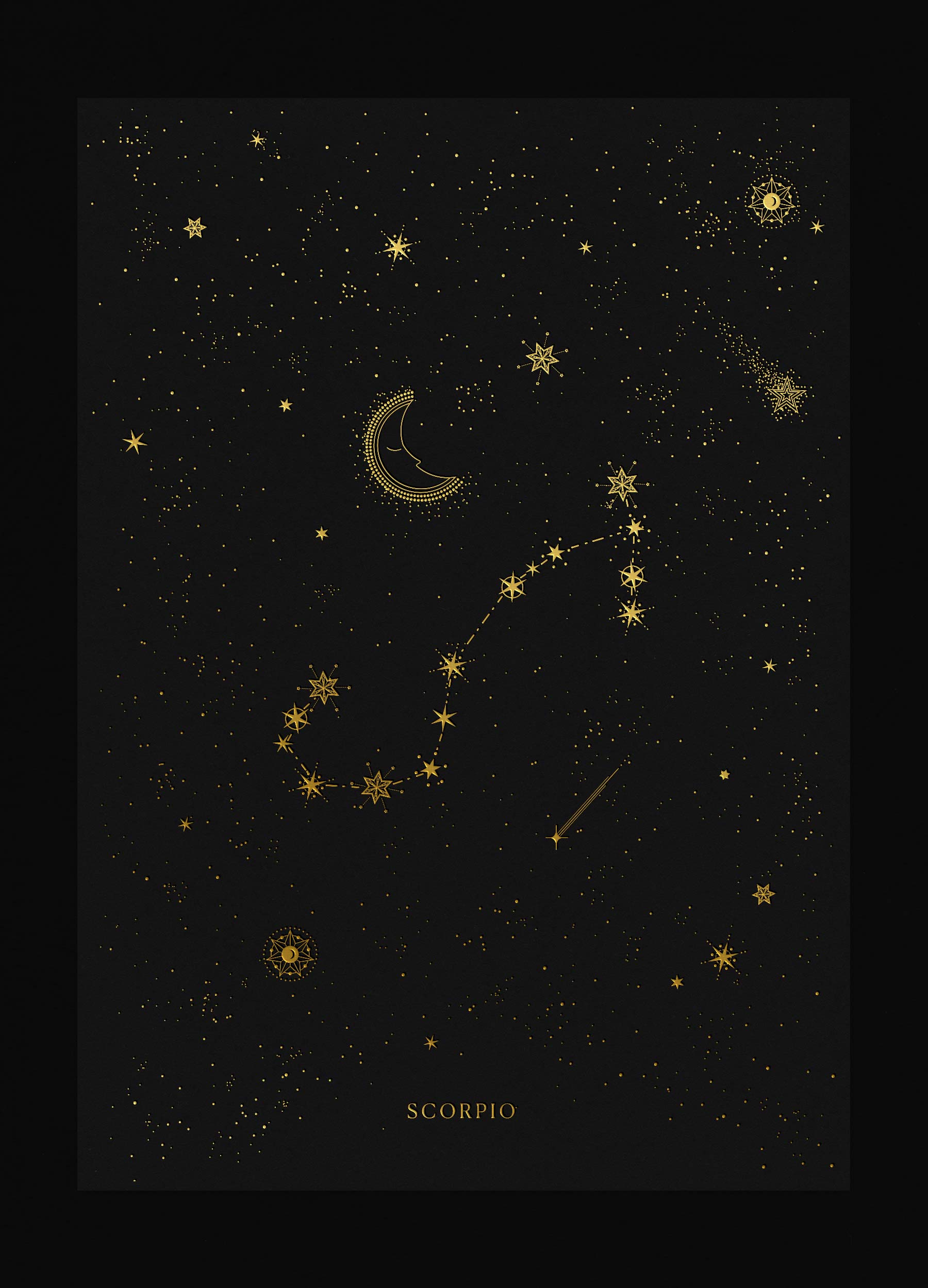 Scorpio zodiac constellation art print with gold foil details on black background by Cocorrina