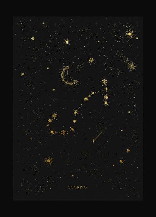 Scorpio zodiac constellation art print with gold foil details on black background by Cocorrina