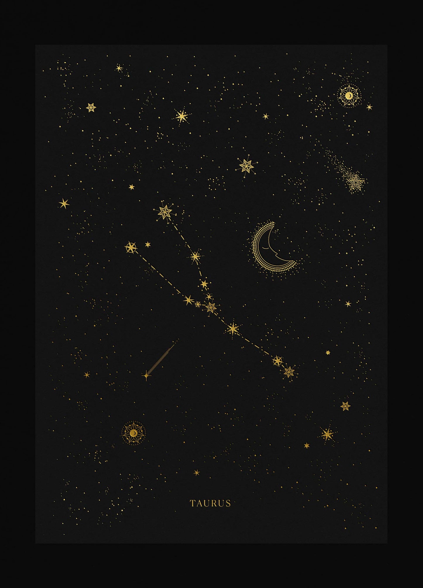 Taurus zodiac constellation art print with gold foil details on black background by Cocorrina