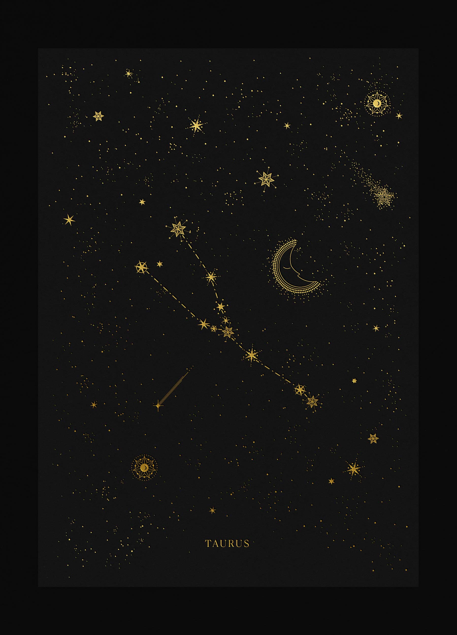 Taurus zodiac constellation art print with gold foil details on black background by Cocorrina