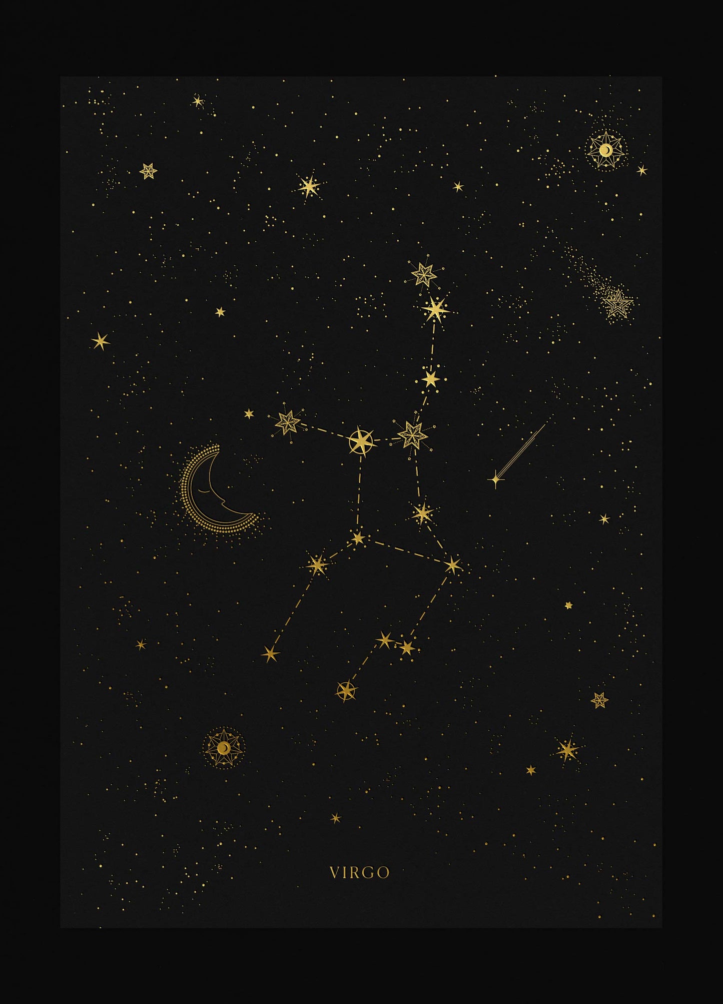 Virgo zodiac constellation art print with gold foil details on black background by Cocorrina
