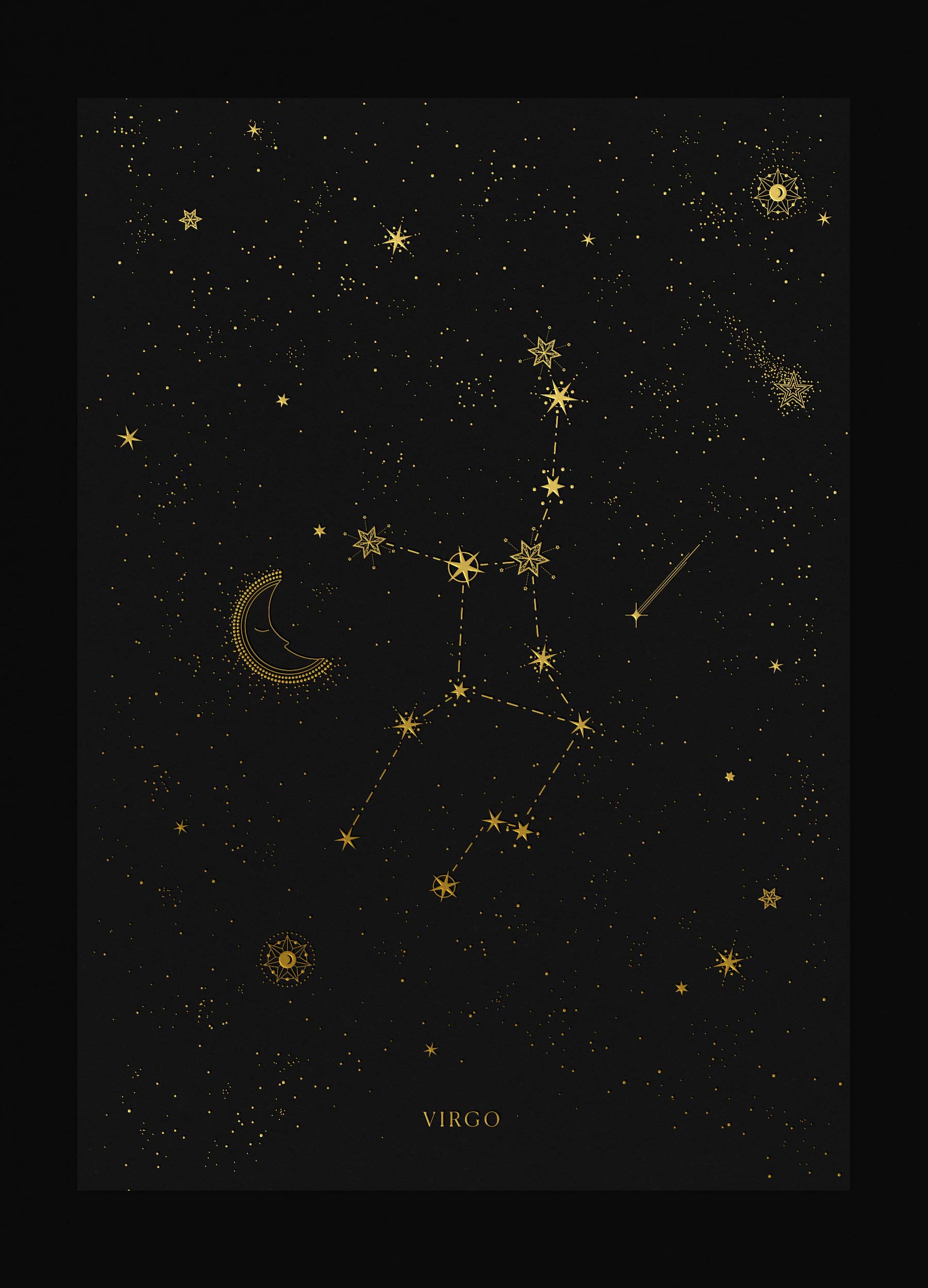 Virgo zodiac constellation art print with gold foil details on black background by Cocorrina
