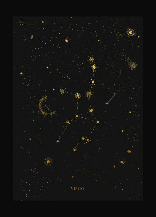 Virgo zodiac constellation art print with gold foil details on black background by Cocorrina